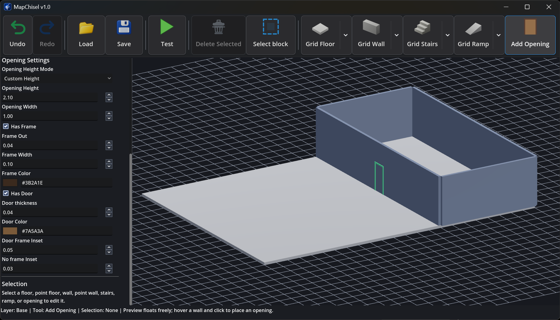 MapChisel editor showing a floor, walls, and an opening being placed