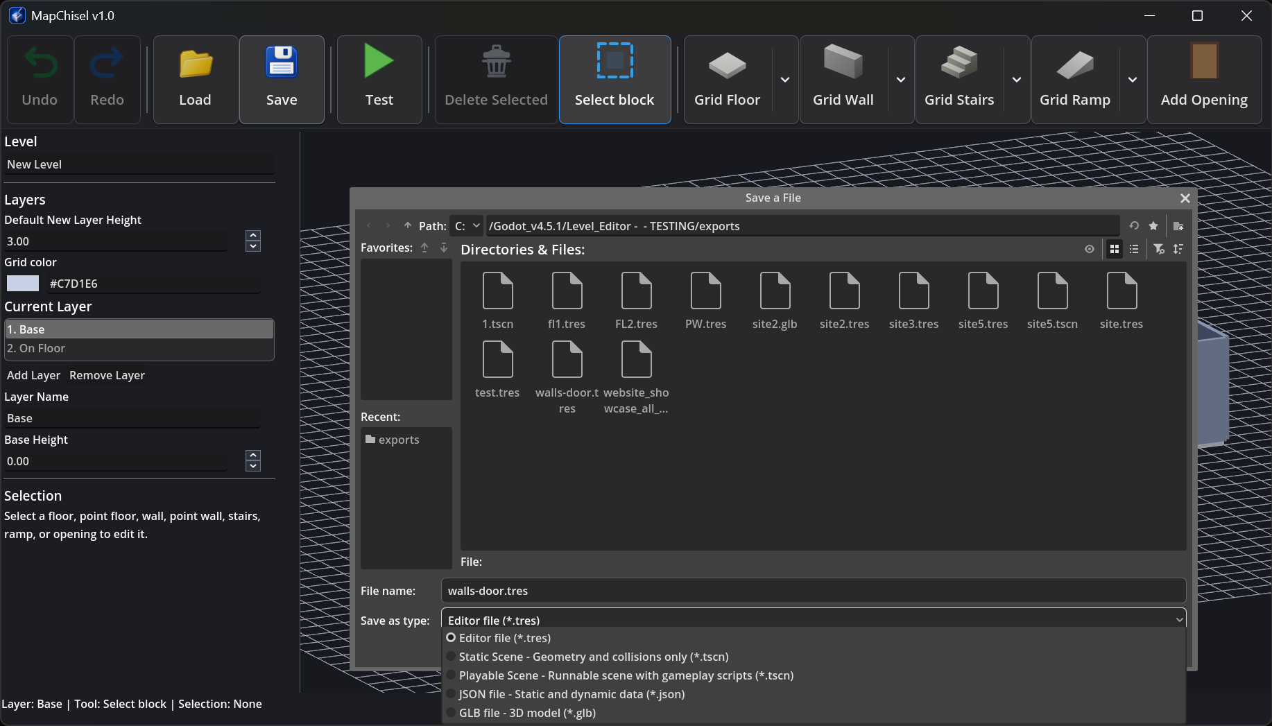 MapChisel save dialog showing editable project, Godot scene, JSON, and GLB export options