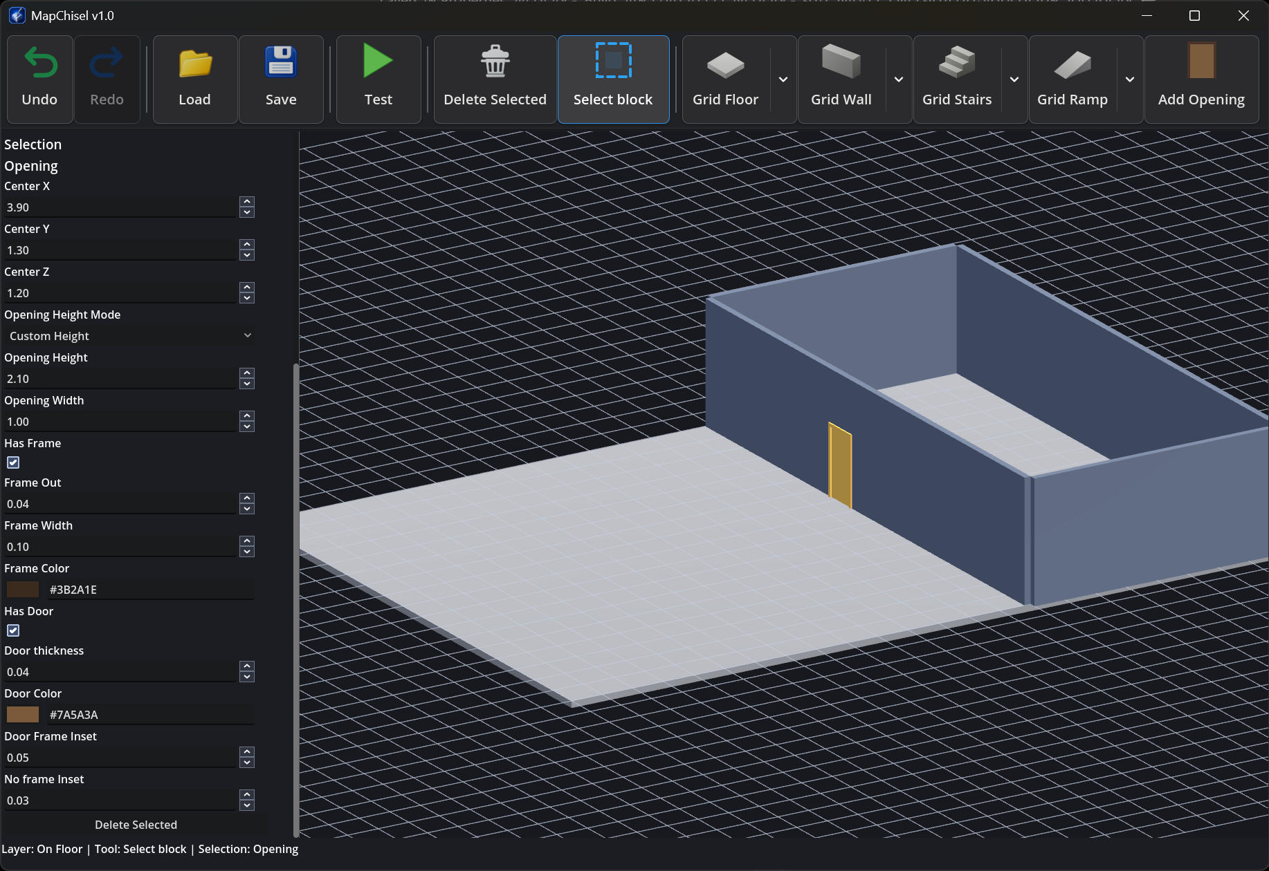 MapChisel editor showing an opening selected and its properties ready for editing