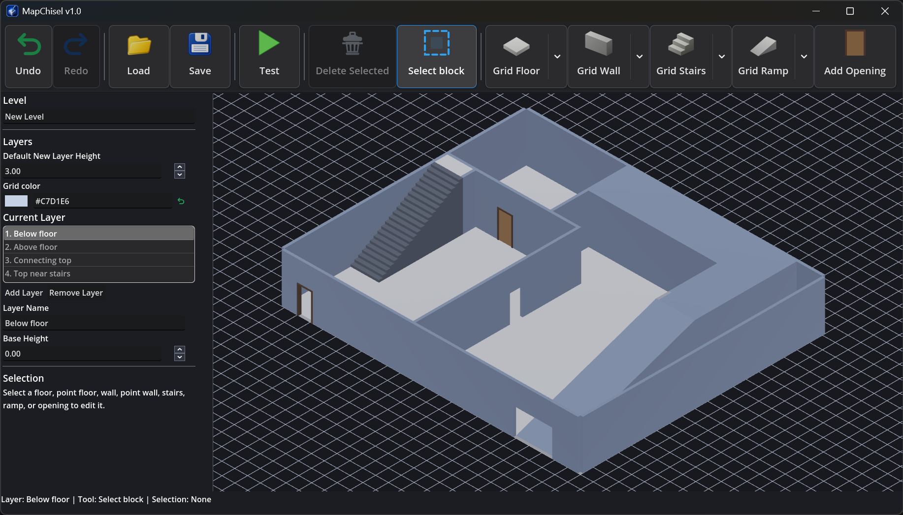 MapChisel editor preview with a 3D room, stairs, ramp and door opening